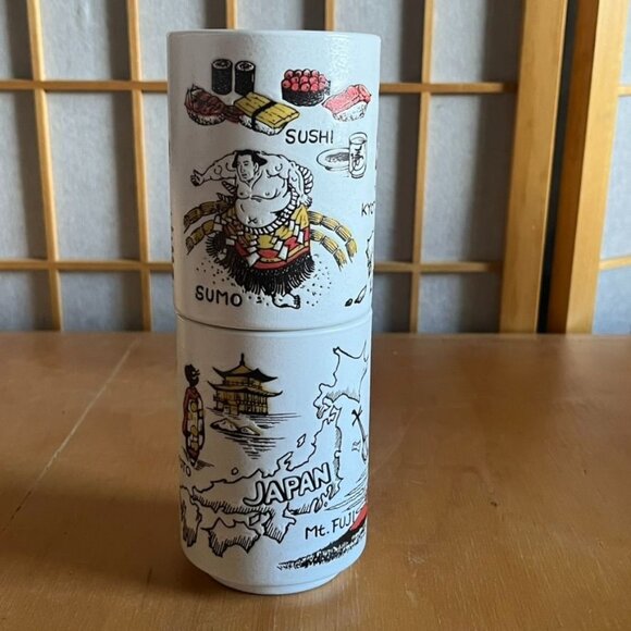 Set Of 2 Japan Themed Yunomi Tea Cups Mino Ware Sushi - Picture 2 of 7